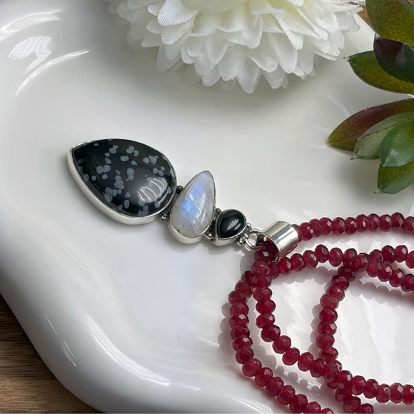 Onyx Moonstone Snowflake Obsidian Pendant Jewelry Set Lot Garnet Necklace 925 - Picture 4 of 8